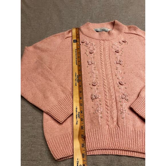 Bramble Lane M Silk Angora Lambswool Faux Pearls Pink Granny Sweater Cable VTG - Picture 8 of 11